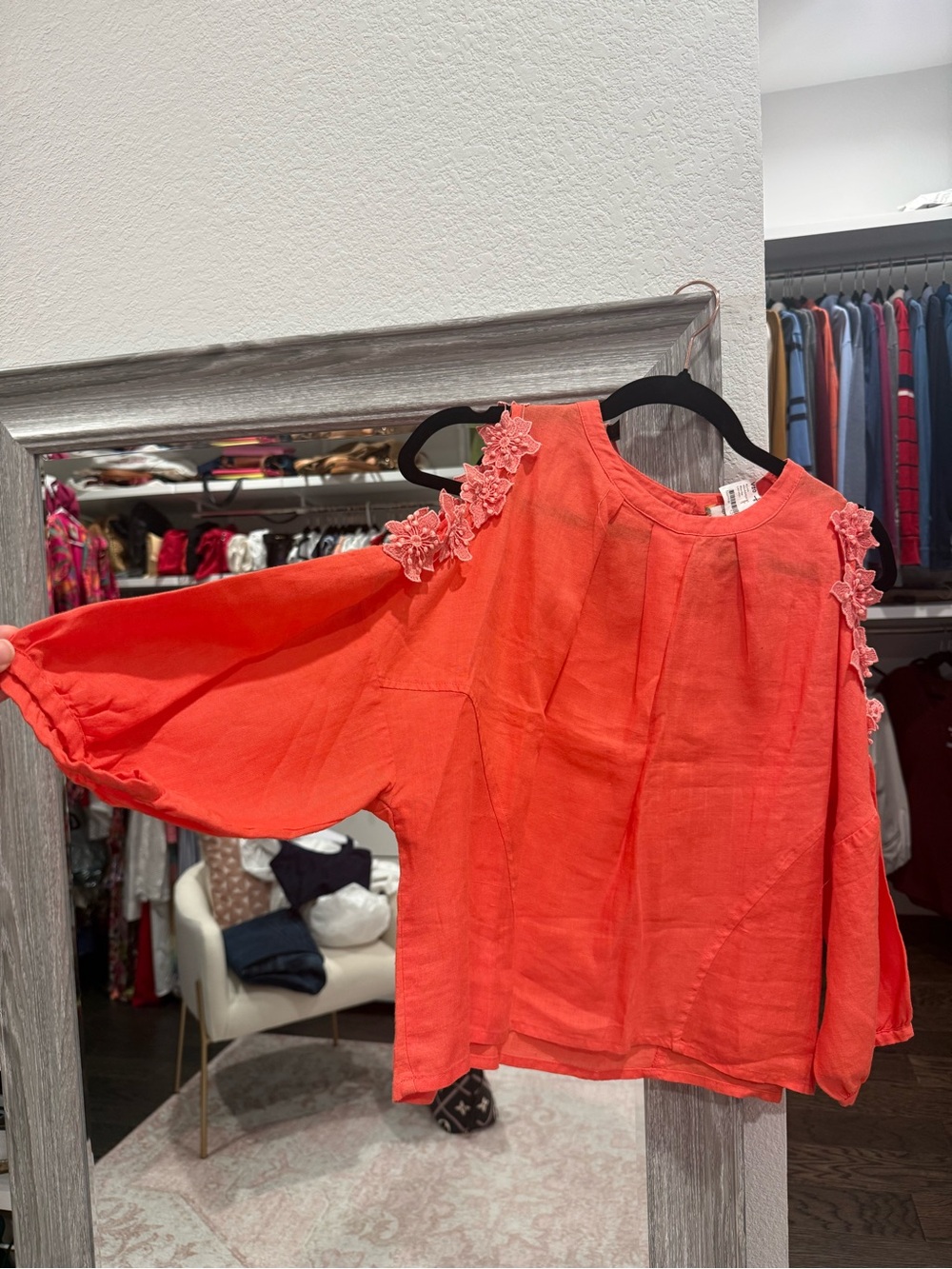 Anthropologie - Women's Coral Cold-Shoulder Floral Applique Top